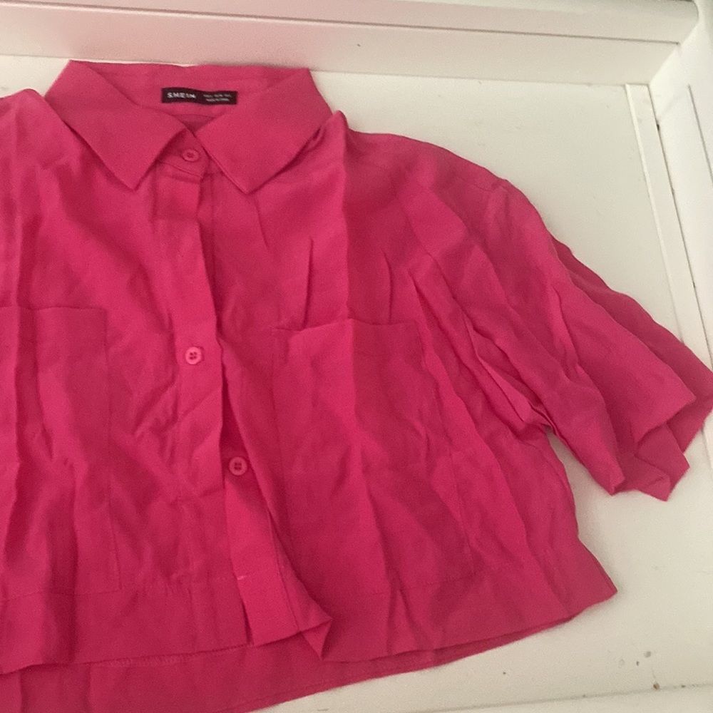 Drop shoulder patch pocket button up crop shirt size small hot pink - Picture 6 of 9